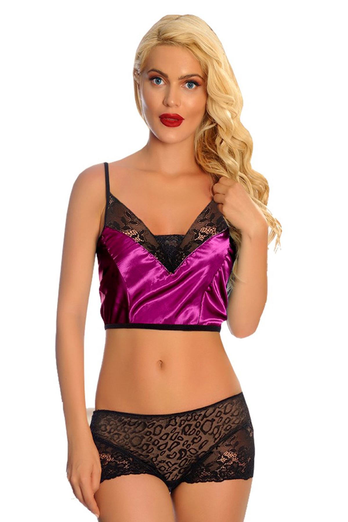 Mor Saten Dantelli Babydoll Şortlu Takım (287MR)