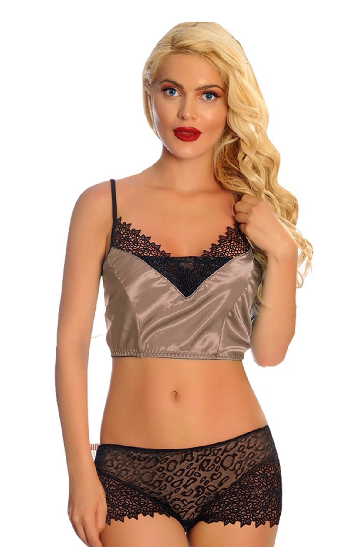 Vizon Saten Dantelli Babydoll Şortlu Takım (289V)